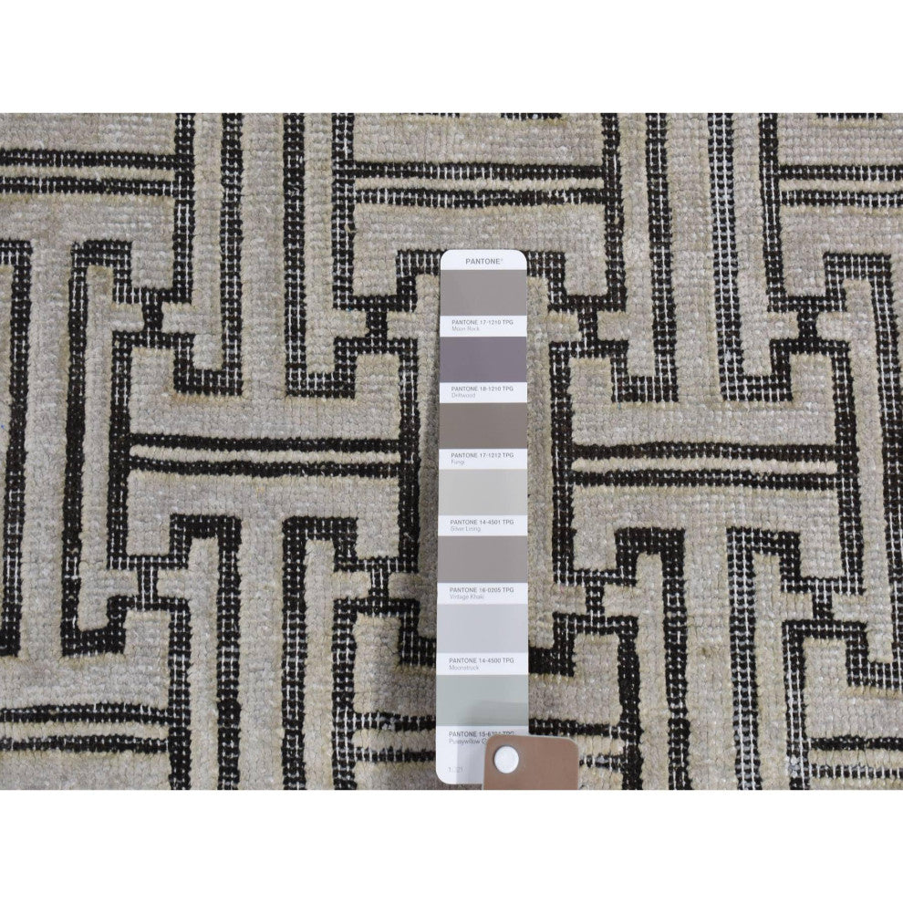 Gray Pure Silk With Wool Roman Key Design Hand Knotted Oriental Rug 7'10"x10'3"