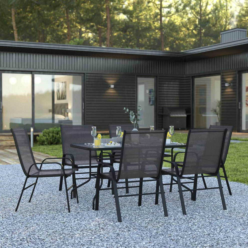 Brazos 7 Pc Outdoor Dining Set 55" Table, 6 Stack Chairs, Black