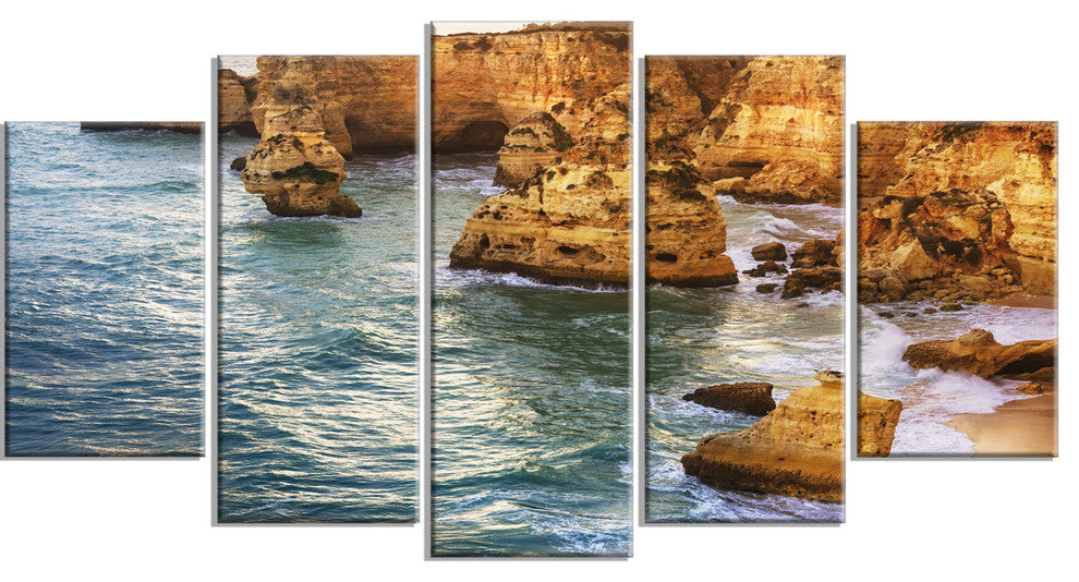 "Golden Rocks and Beach At Algarve" Seashore Wall Art, 5 Panels, 60"x32"