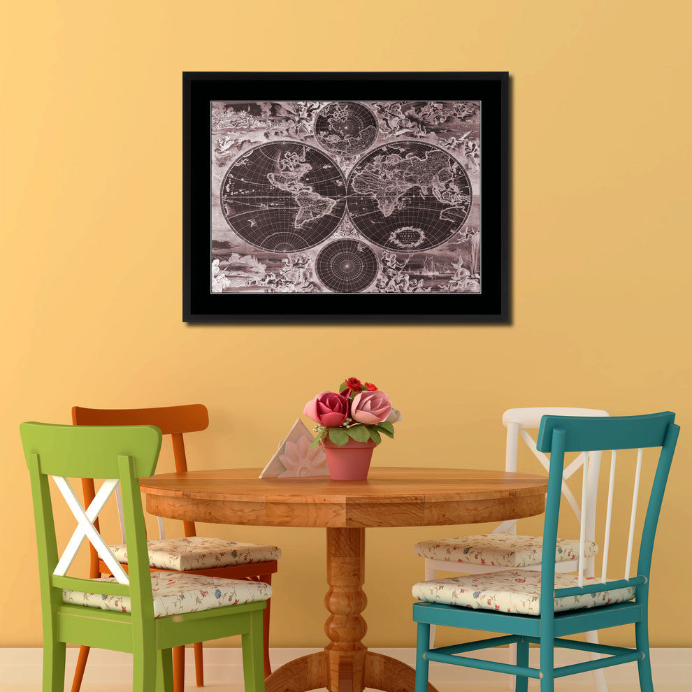 World Hemispheres Vivid Sepia Map Print On Canvas With Black Frame, 16" X 21"