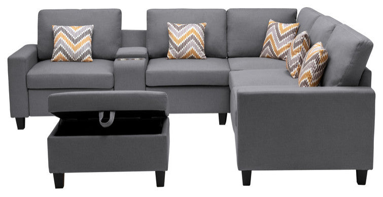 Nolan Gray Linen 7Pc Reversible Sectional Sofa, Storage Console Table, 89425-17B