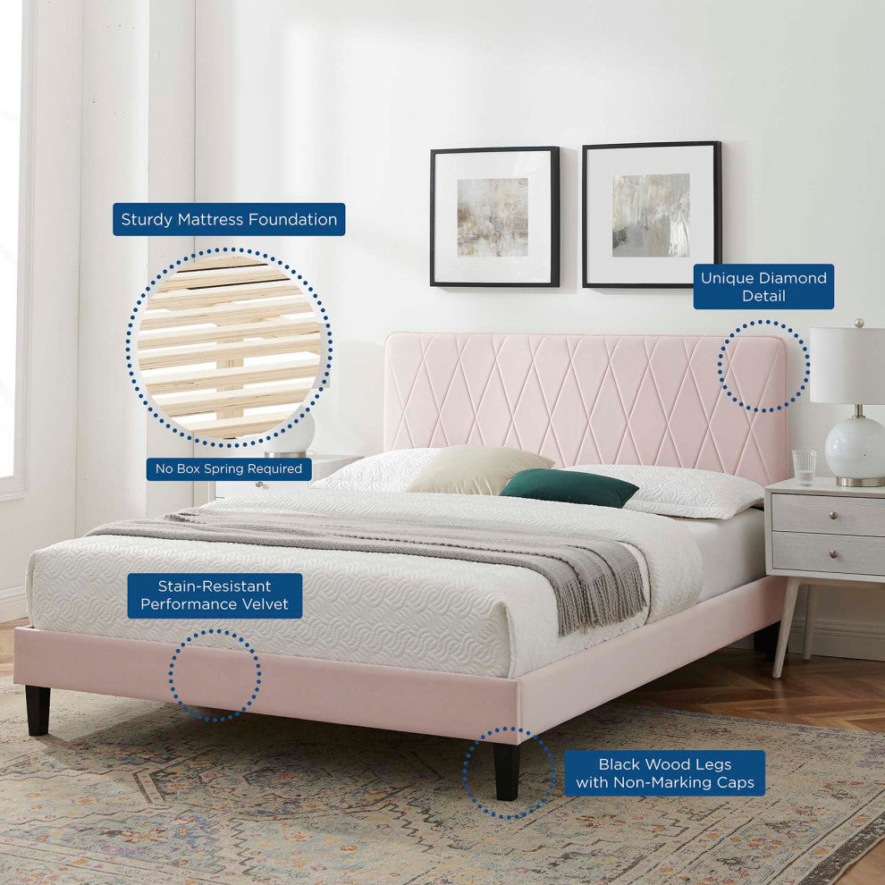 Platform Bed Frame, King Size, Velvet, Pink, Modern Contemporary, Bedroom Master