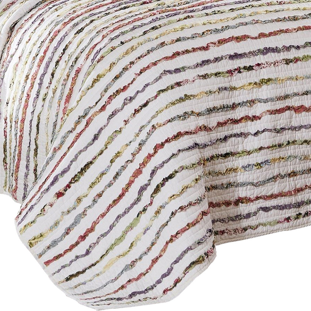 Benzara BM226428 5 Piece Queen Size Cotton Quilt Set with Sewn Floral Ruffles