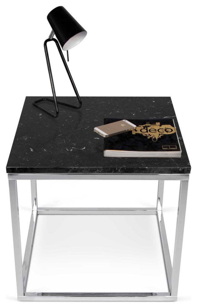 Modern Square Marble & Metal Side Table, White Marble/Chrome Legs
