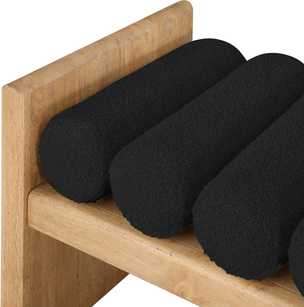 Waverly Boucle Fabric Upholstered Bench, Black, 32" Wide, Natural Finish