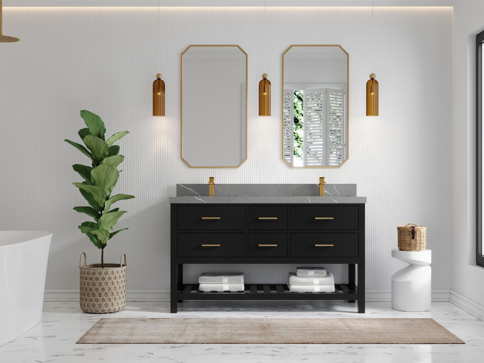 Parker 60" Double Sink Bath Vanity, Black 2" Piatra Gray