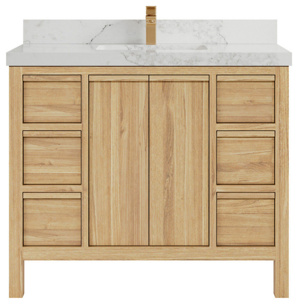 Elizabeth 42 Single Sink Bath Vanity in Light Natural Teak 2" Calacatta Nuvo