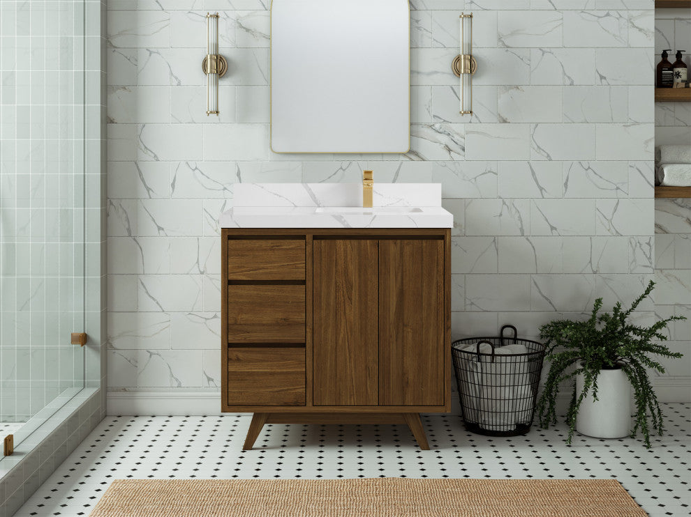Madison Teak 36 Right Offset Bath Vanity in Dark Natural 2" Calacatta Laza