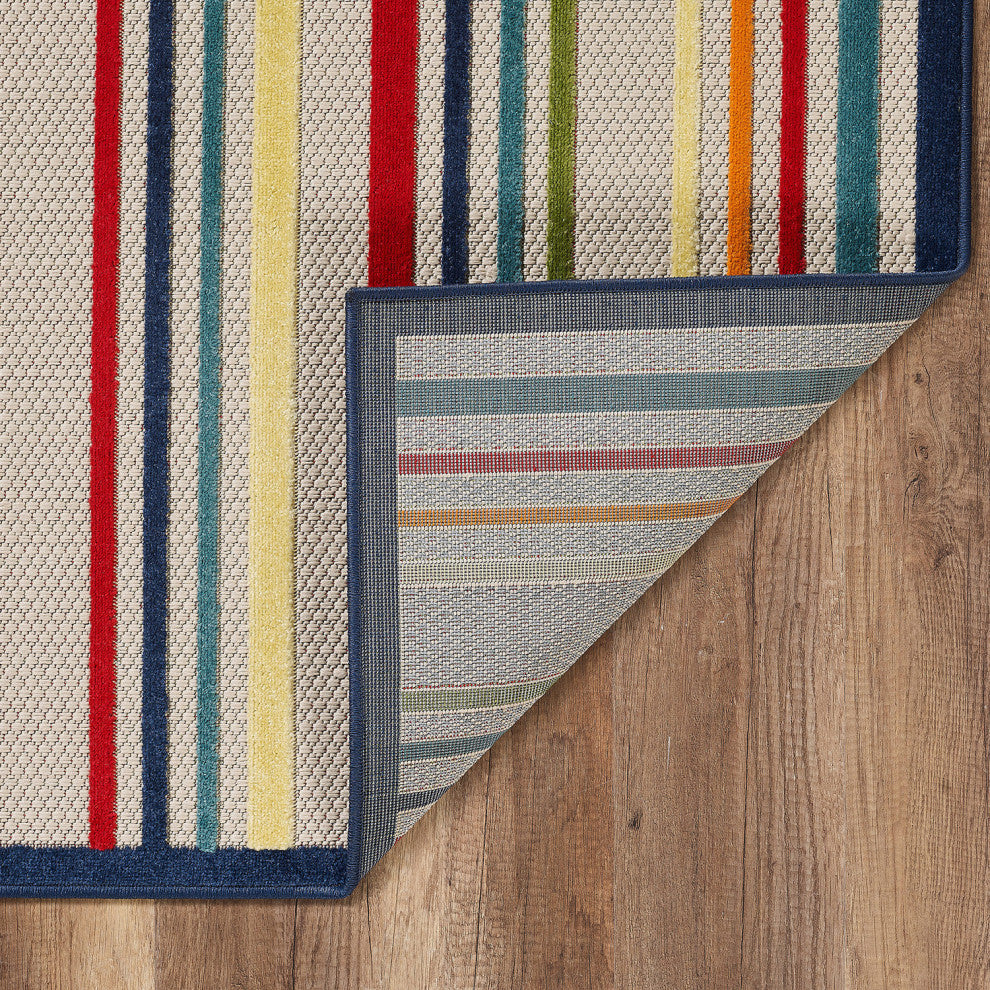 8"x10" Navy Colorful Striped Indoor Outdoor Area Rug