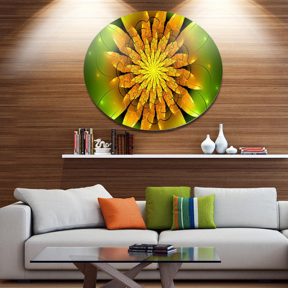 Bright Yellow Fractal Flower On Green, Flower Round Wall Art, 36"