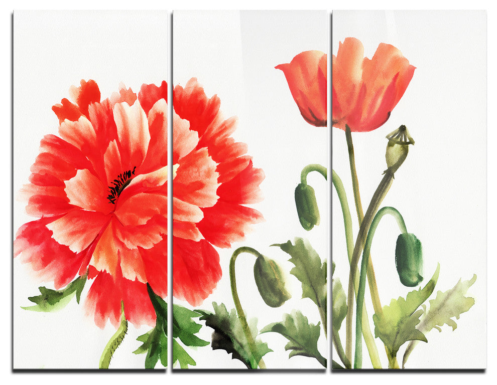 "Red Poppies" Watercolor Metal Wall Art, 3 Panels, 36"x28"
