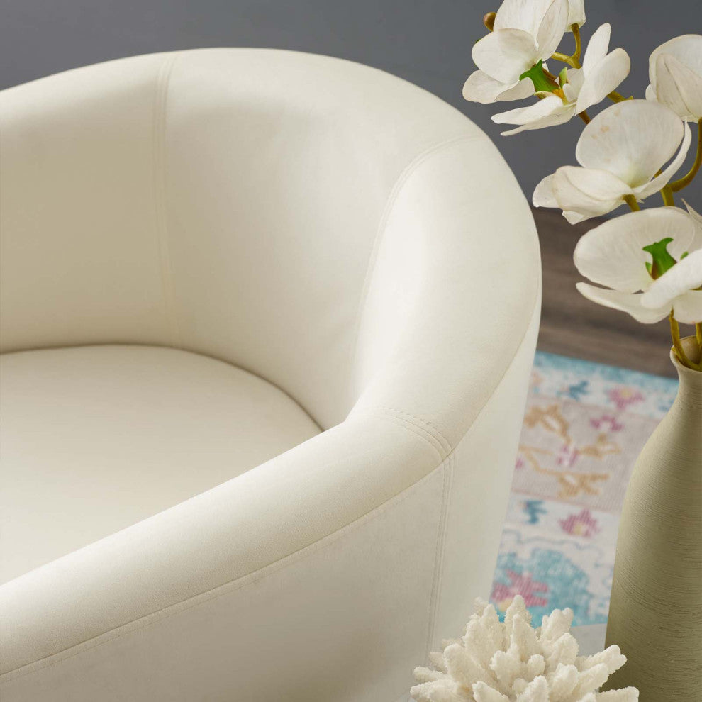 Lounge Lobby Armchair Accent Chair and Ottoman, Velvet Fabric, Ivory White