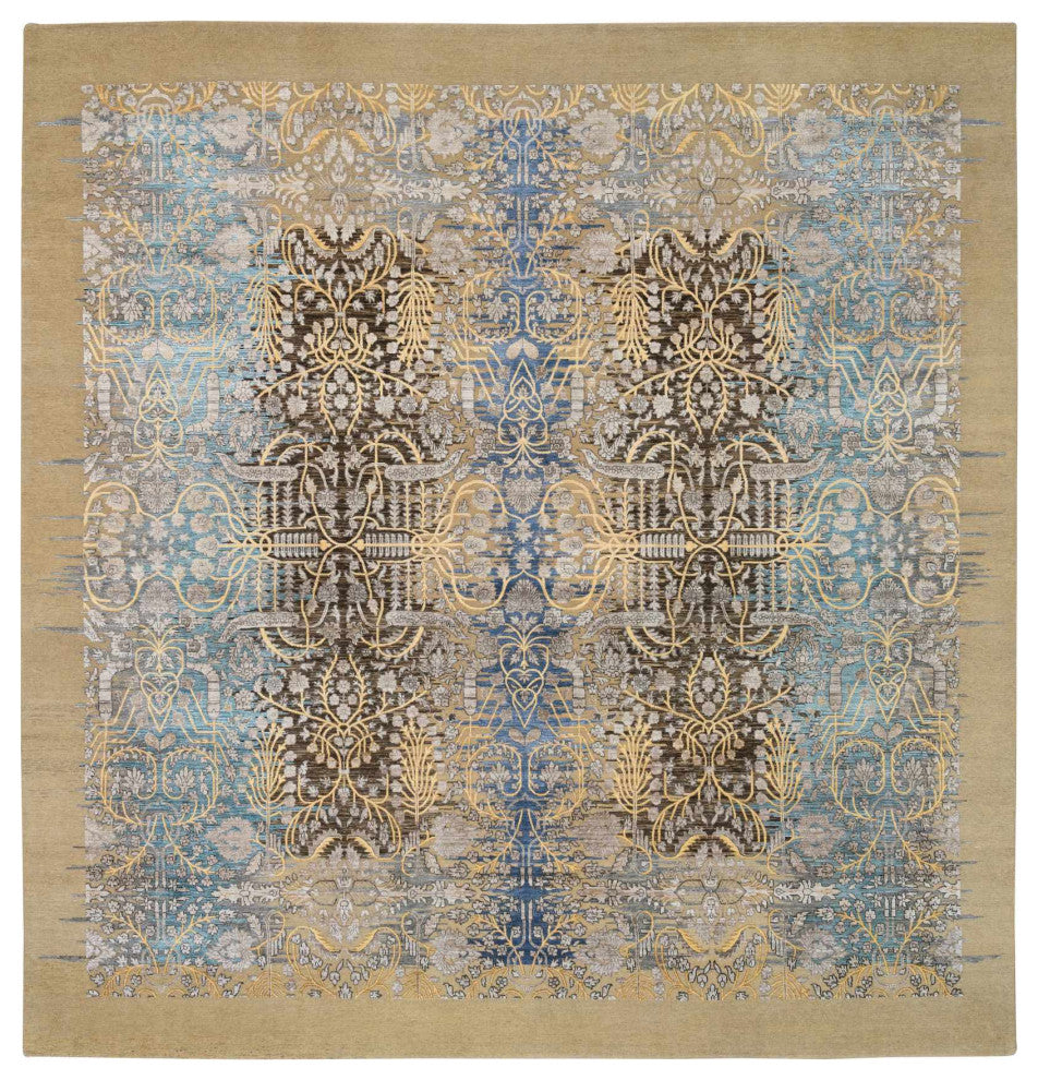 Tan/Brown Silk With Textured Wool Hand Knotted Sarouk Square Rug, 12'0"x12'2"