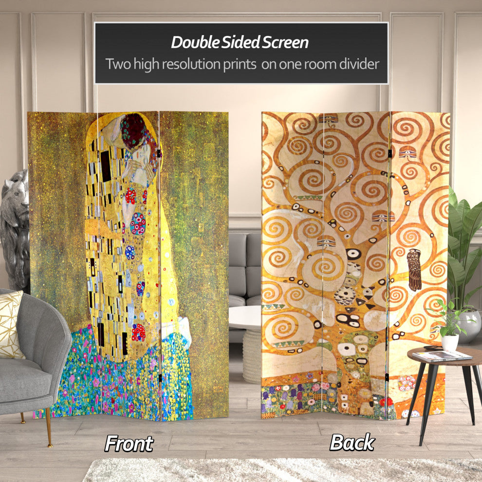 6' Tall Double Sided Works of Klimt Room Divider, The Kiss/Tree of Life