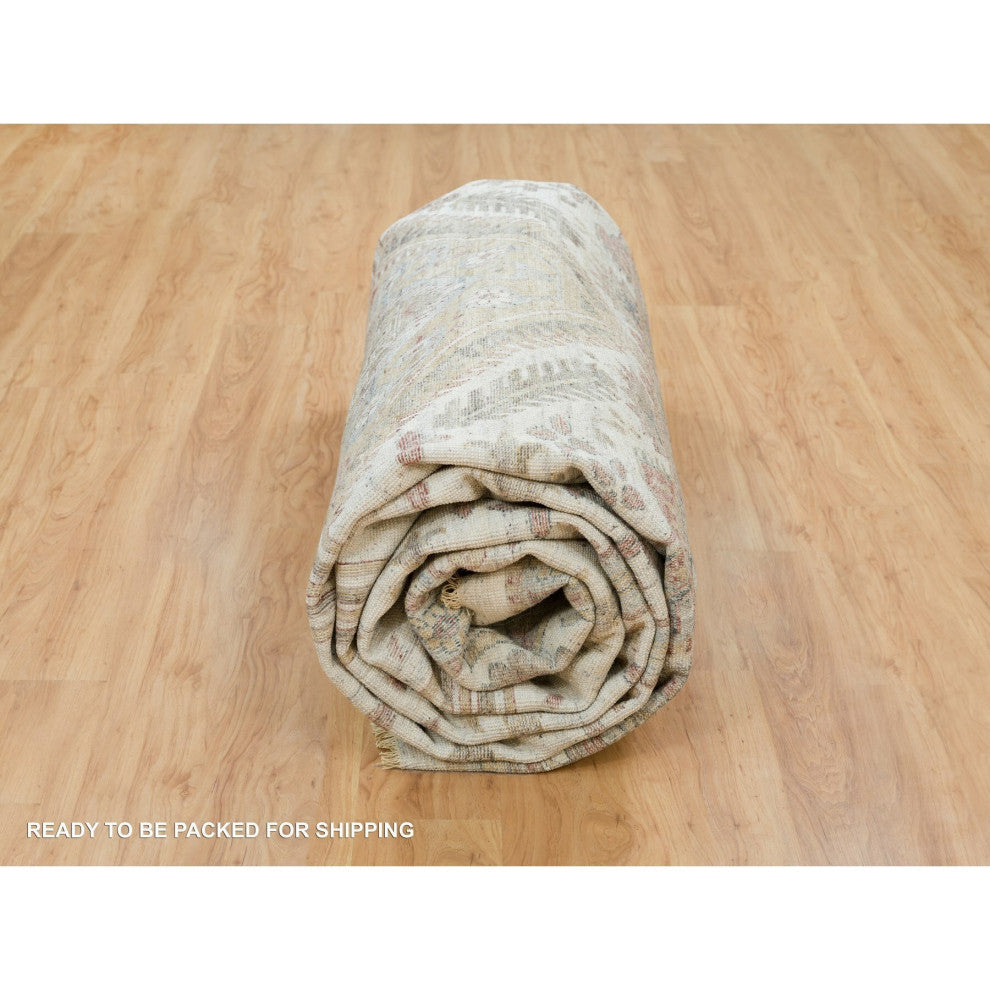 Pearl White Hand Knotted Unique Flower Rosettes Border Oversized Rug 13'8"x17'9"