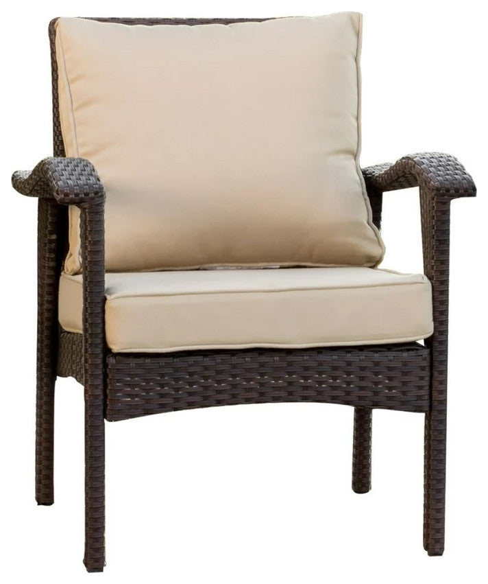 Set of 2 Outdoor Wicker Club Chairs, Brown, Tan Cushions, Curved Arms