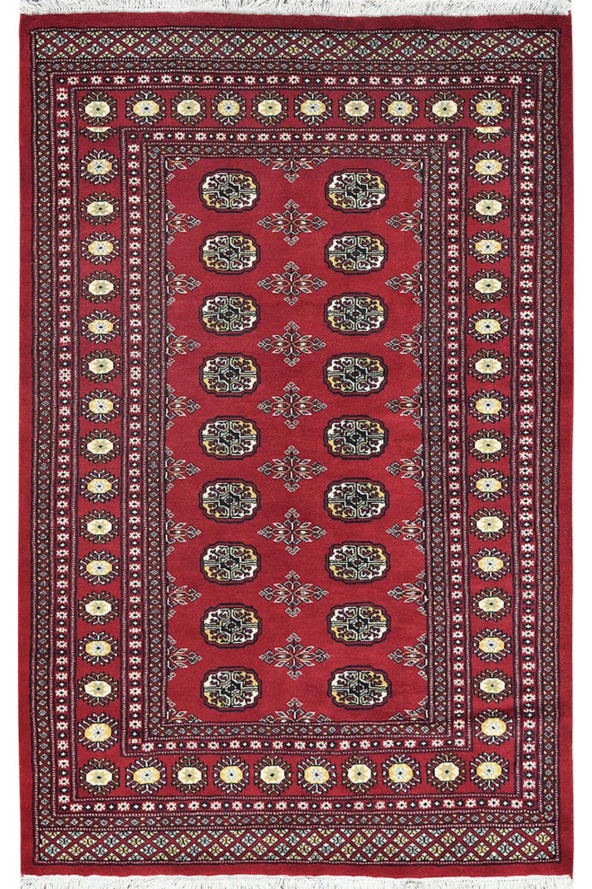 Deep and Rich Red, Natural Wool Hand Knotted, Mori Bokara Rug, 4'2"x6'6"