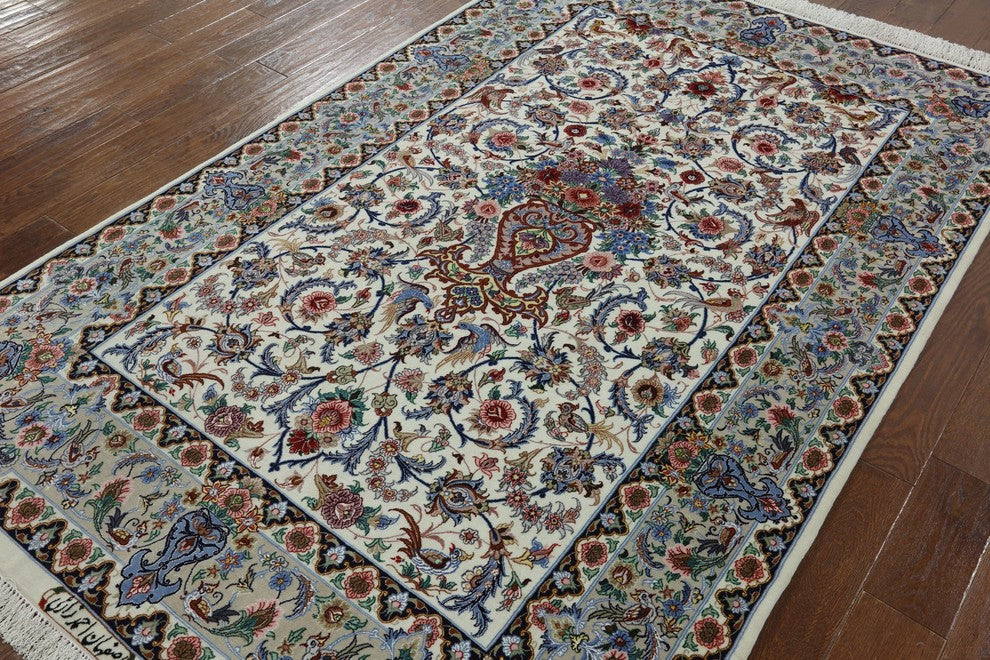 Wool and Silk Authentic Persian Hand Knotted Signed Isfahan Area Rug, 5'x8'