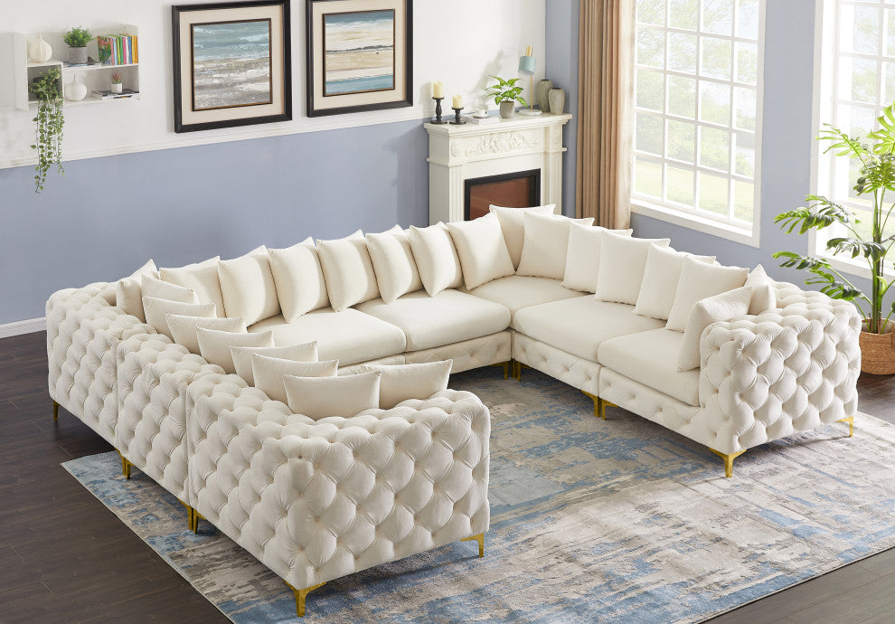 Tremblay Velvet Upholstered 8-Piece Modular U-Shaped Sectional, Cream