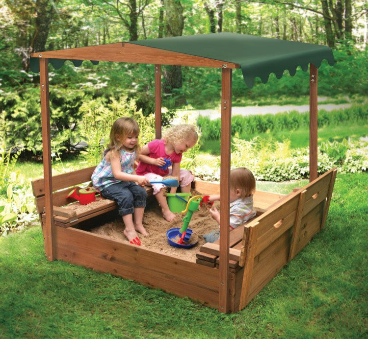 Covered Convertible Cedar Sandbox With Canopy And Two Bench Seats