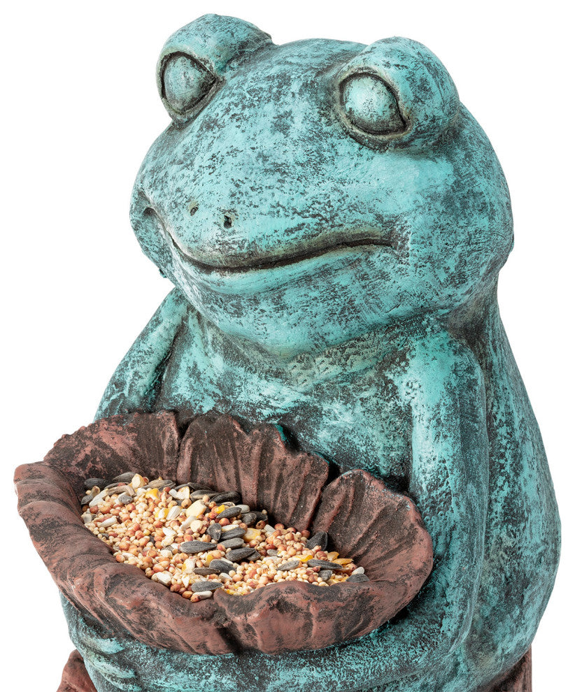 Alpine Green Sleeping Frog Holding a Flower Statue, 15"Tall