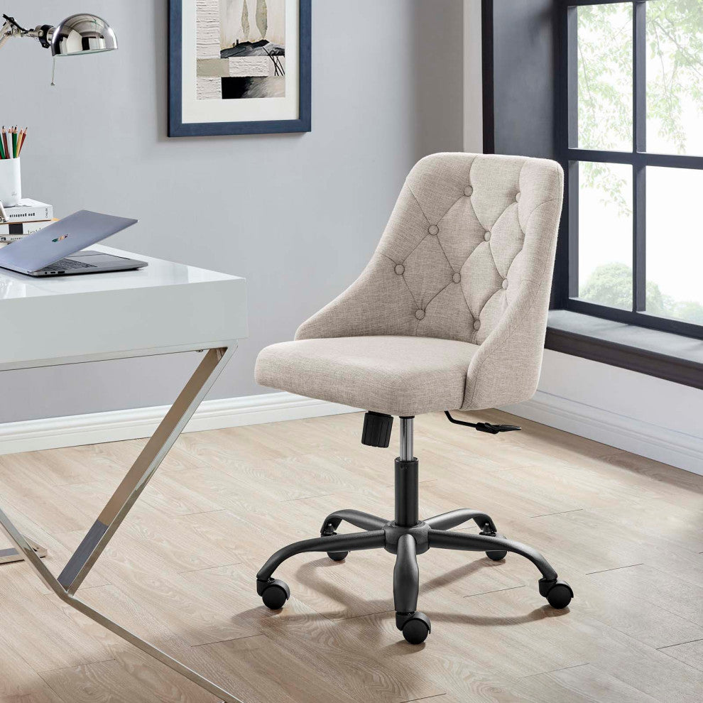 Computer Work Desk Swivel Tufted Chair, Fabric, Black Beige, Modern, Home Office