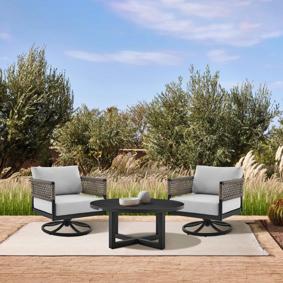 Felicia Outdoor Patio Swivel Rocking Chair in Black Aluminum and Grey Rope...