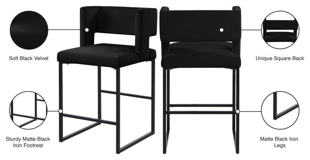 Caleb Upholstered Counter Stool, Set of 2, Black, Velvet, Matte Black