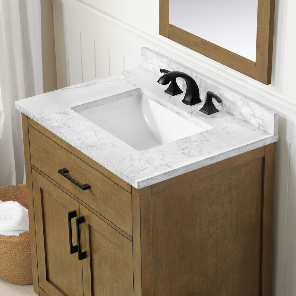OVE Decors Athea 30" Vanity, Brushed Nickel, Extra Black Hardware, Almond Latte