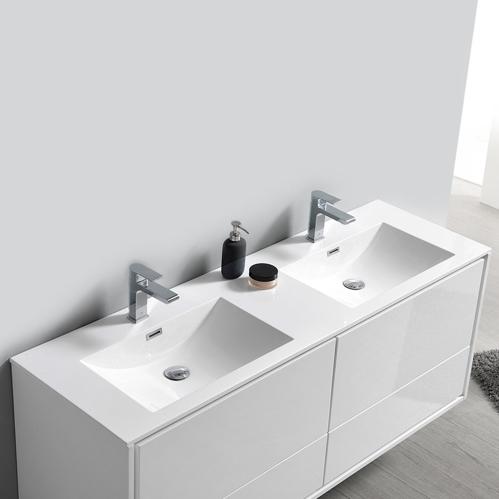 Fresca Catania 60" Gloss White Wall Hung Cabinet With Integrated Double Sink