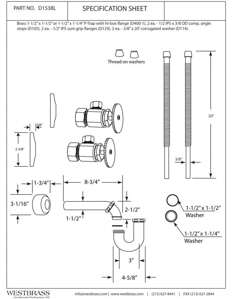Standard Pedestal Lavatory Kit With Round Handles, Powder Coated White