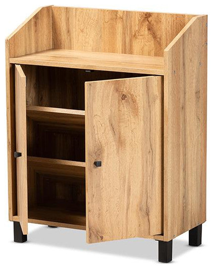 Oak Brown Finished Wood 2-Door Entryway Shoe Storage Cabinet with Top Shelf