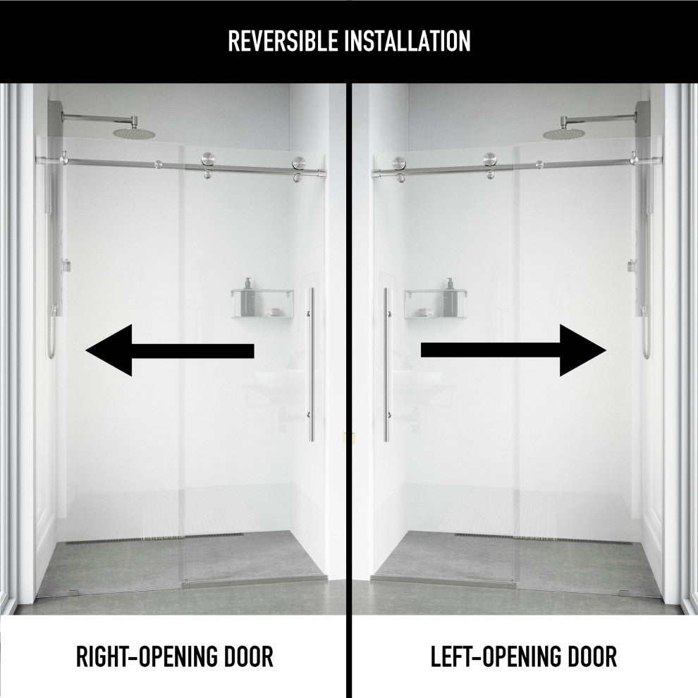VIGO Elan E-Class 68" to 72" W x 76" H Frameless Sliding Shower Door, Stainless Steel, Clear Glass