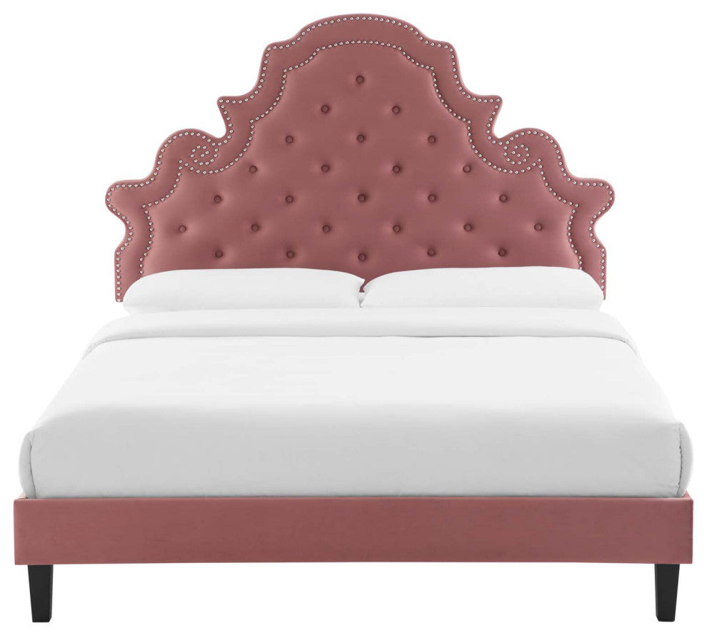 Tufted Platform Bed Frame, Queen Size, Velvet, Pink, Modern Contemporary