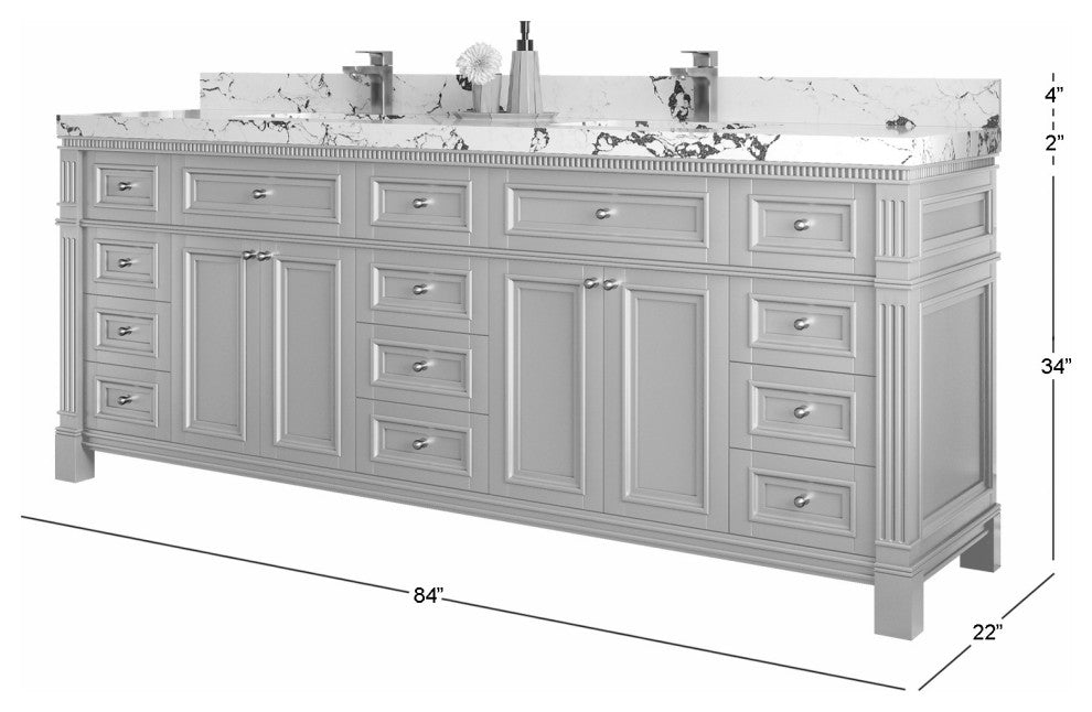Paris 84" Double Sink Bathroom Vanity, Blue Heather 2" Calacatta Sienna