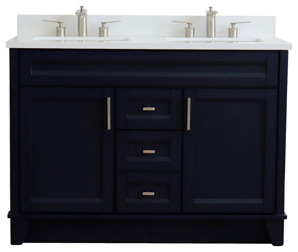 48" Double Sink Vanity, Blue Finish With Engineered Stone Top And Rectangle Sink