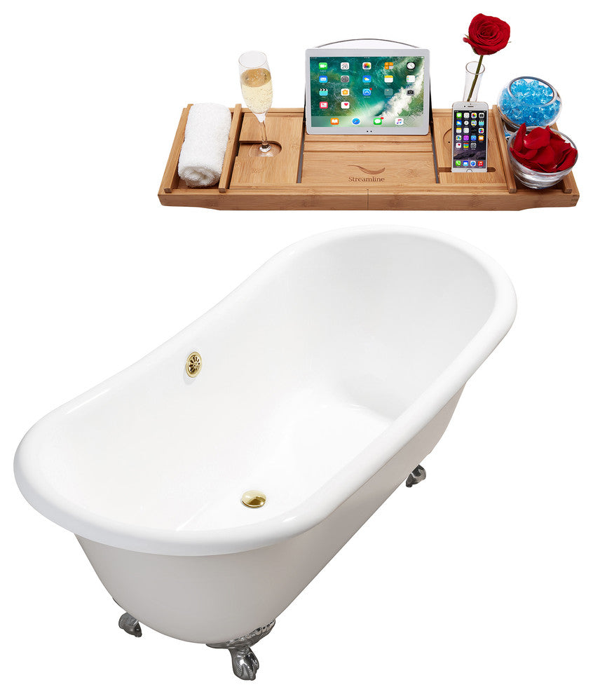 71" Cast Iron R5240CH-GLD Soaking Clawfoot Tub and Tray With External Drain