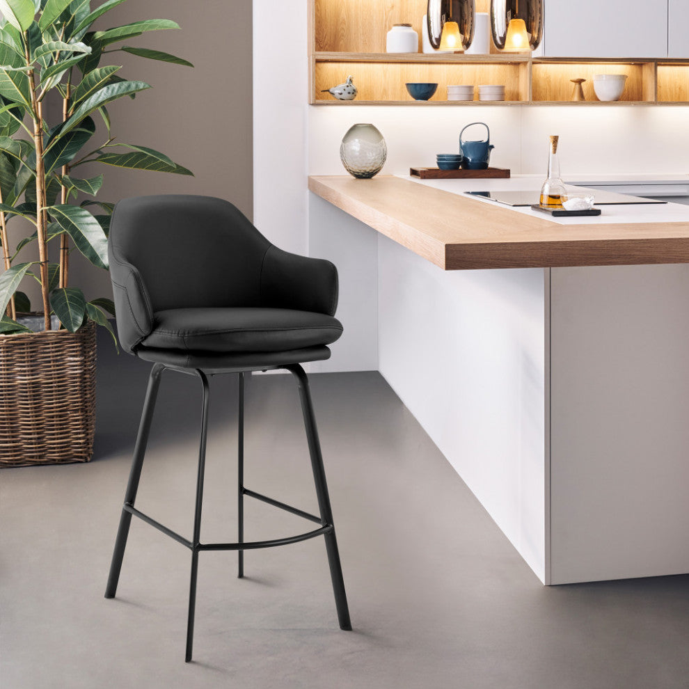 30" Black Faux Leather and Black Metal Swivel Bar Stool