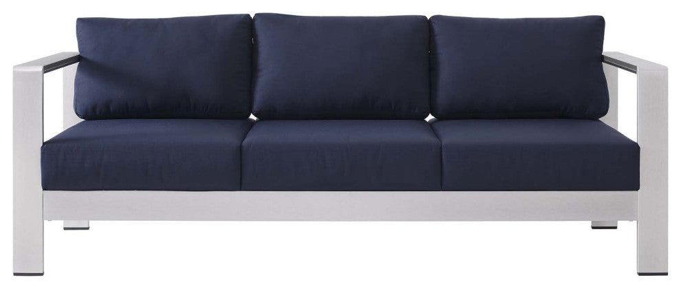 Sectional Sofa Chair Table Set, Sunbrella, Aluminum, Silver Blue Navy, Outdoor