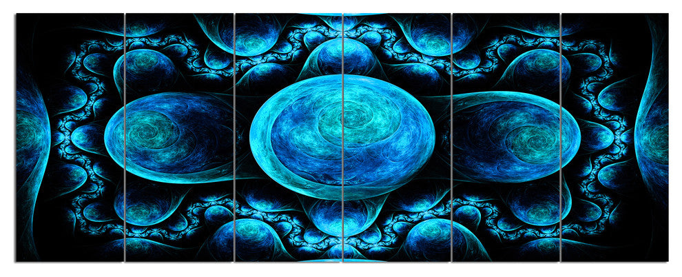 Blue Exotic Pattern on Black, Abstract Art on Canvas, 70"x28", 6 Panels