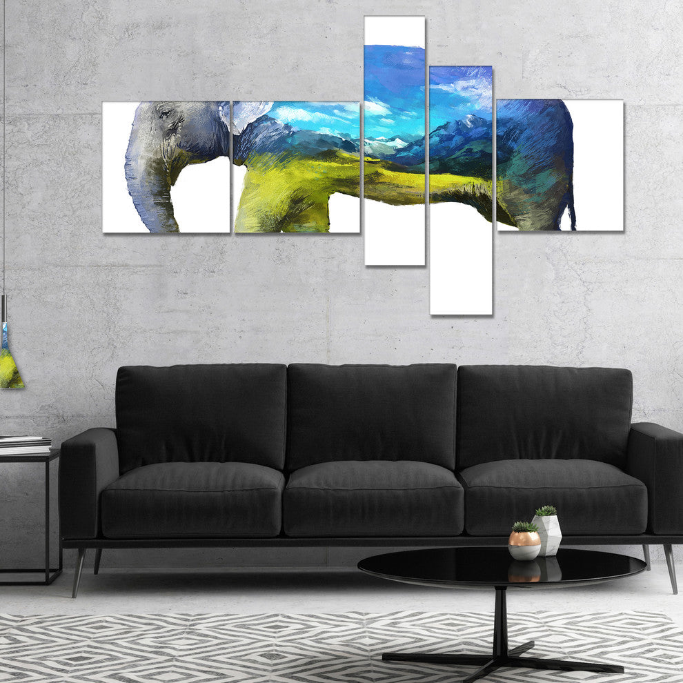Elephant Double Exposure Illustration, Animal Canvas Print, 60"x32", 5 panels
