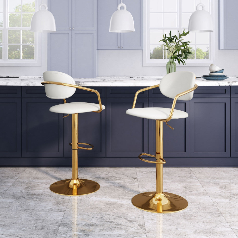Bar Stool Chair Barstool, Faux Vinyl Leather, Steel, White, Gold, Cafe Bistro