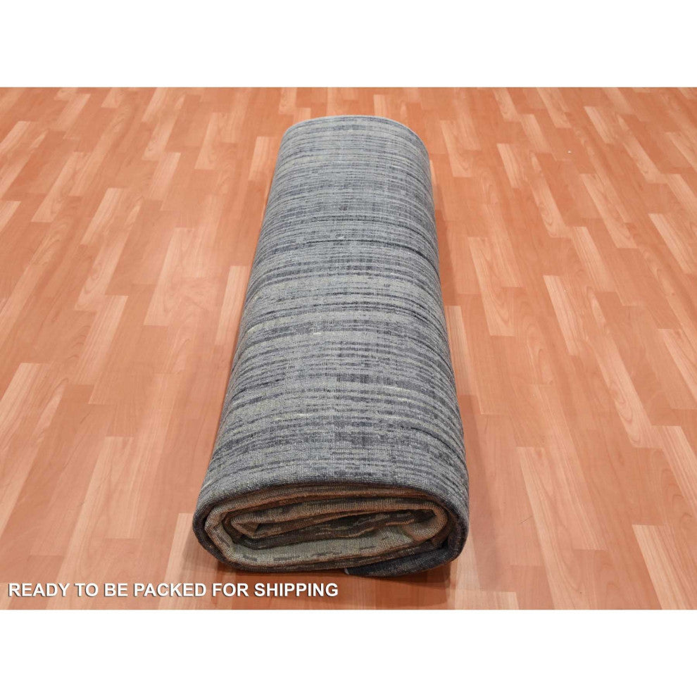 Blue, Modern Ombre Design, Pure Wool Hand Knotted Oversized Rug, 12'2"x15'0"