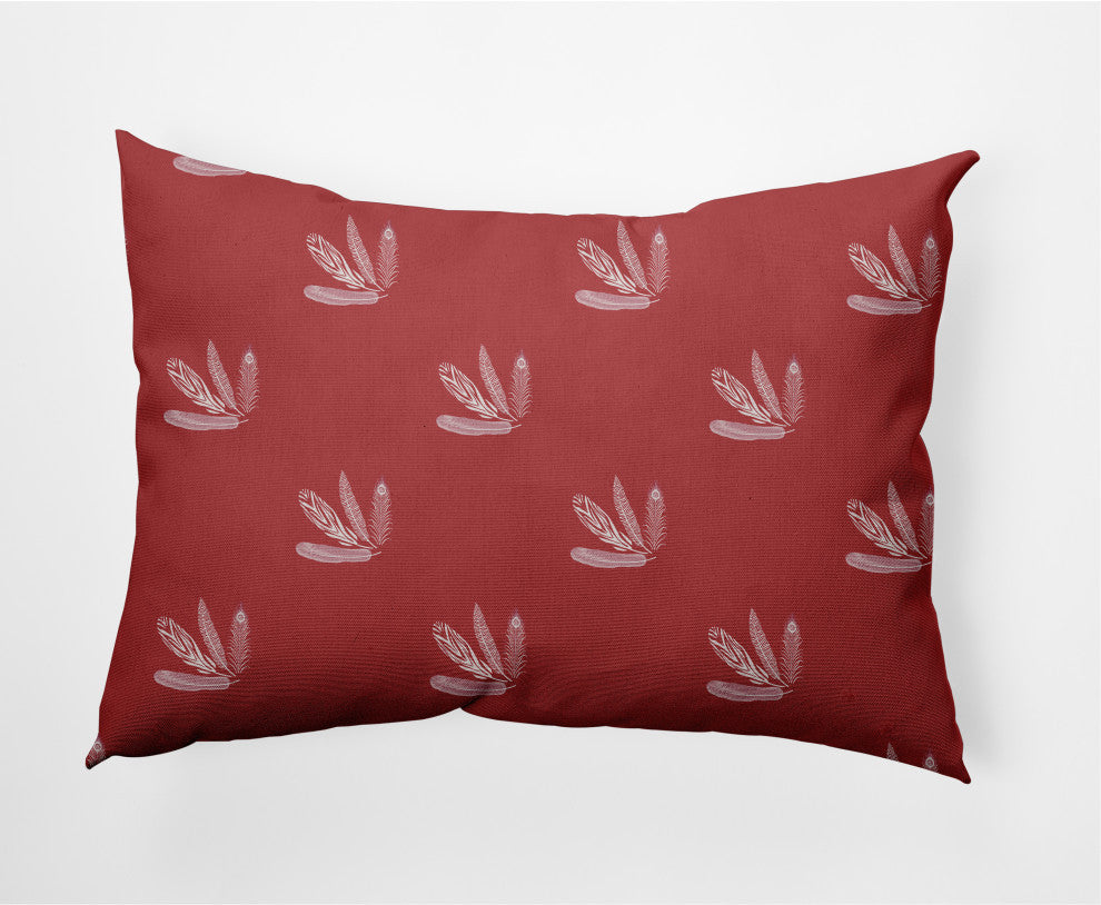 Feather Pattern Decorative Lumbar Throw Pillow, Ligonberry Red, 14"x20"