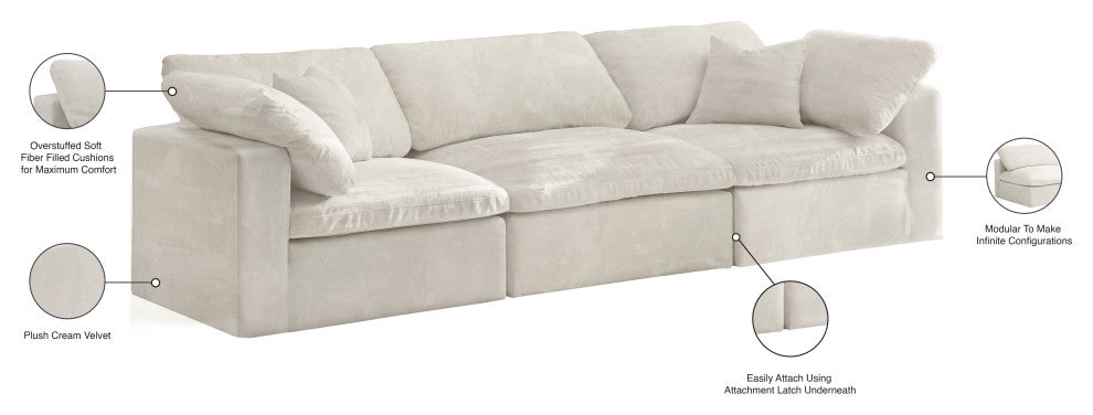 Cozy Velvet Upholstered Comfort 3-Piece Modular Sofa, Cream