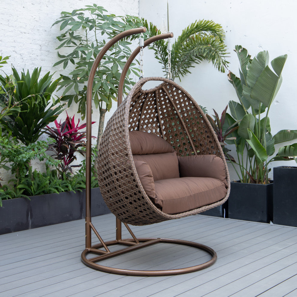 LeisureMod Mendoza Dark Brown Wicker Hanging Double Egg Swing Chair, Brown