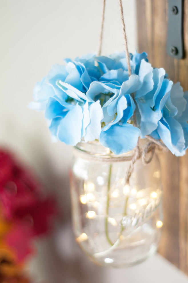 Mason Jar Decor Wall Decor Walnut Color Blue Flower Wide Hook with Lighting