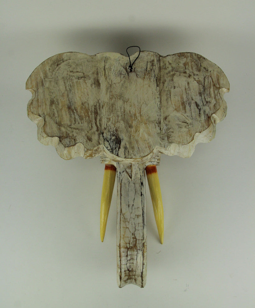 Off-White Hand Carved Wood Elephant Head Wall Hanging 20 inch