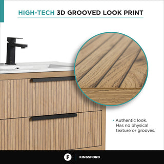 Kingsford Grooved-Look Bath Vanity, Bright Oak, White Ceramic Sink, 24", Drawers
