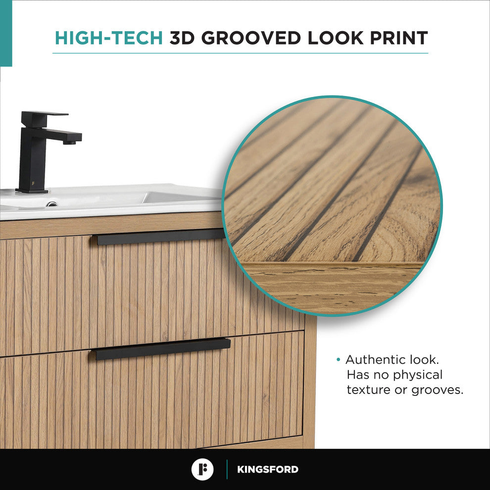 Kingsford Grooved-Look Bath Vanity, Bright Oak, White Ceramic Sink, 24", Drawers
